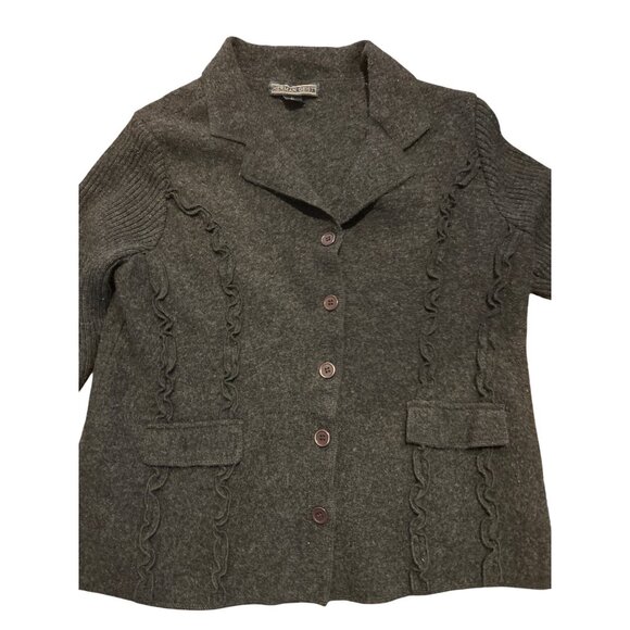 Women's Herman Geist Button-Up Gray Wool Blend Cardigan w/ Ruffle Details Sz XL - Picture 9 of 10